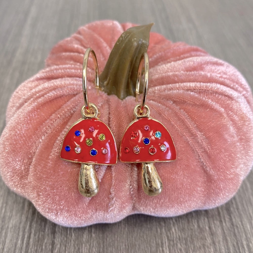 🍄 Cute Red Mushroom with Rhinestones Earrings